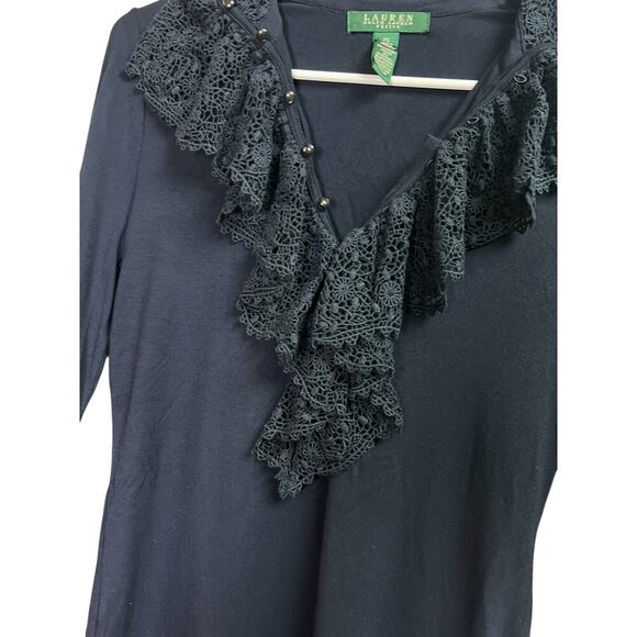 Lauren Ralph Lauren Navy Blue Crochet Ruffle Neck Blouse Petite Small - Picture 3 of 7